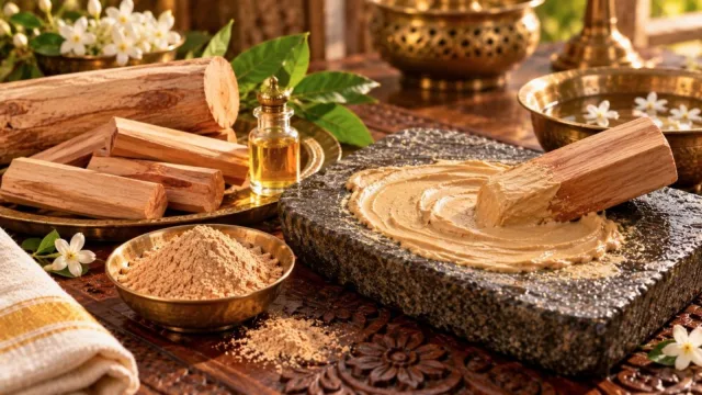 Sandalwood logs and sticks, sandalwood oil, chandan powder in a brass bowl and paste on a stone rubbing slab