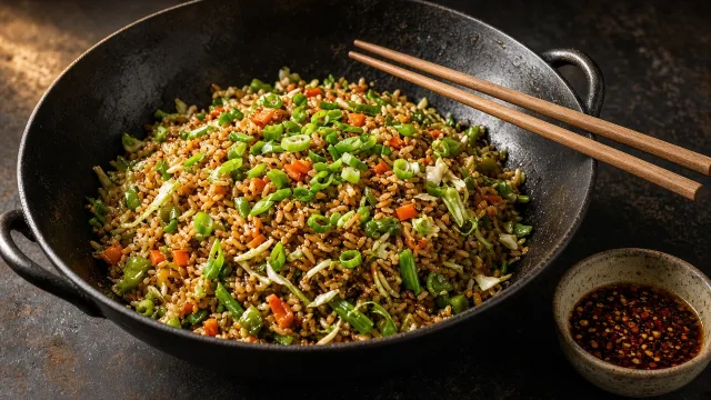 Food photo of vegetable fried rice in a wok with carrots, beans, cabbage and spring onions, with chopsticks resting on top