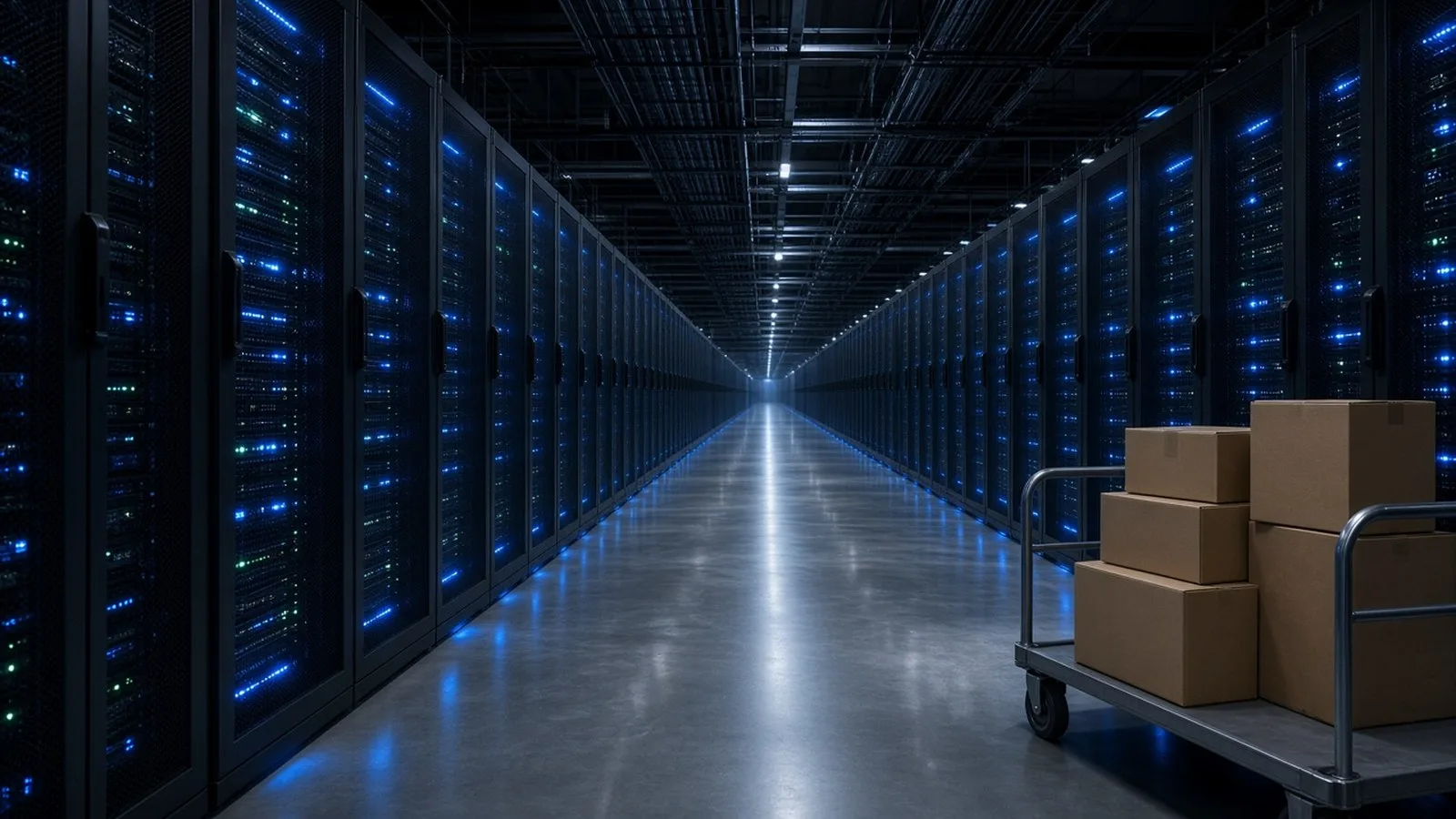 A long data centre aisle of server racks lit in blue, with a cart of plain cardboard boxes in the foreground