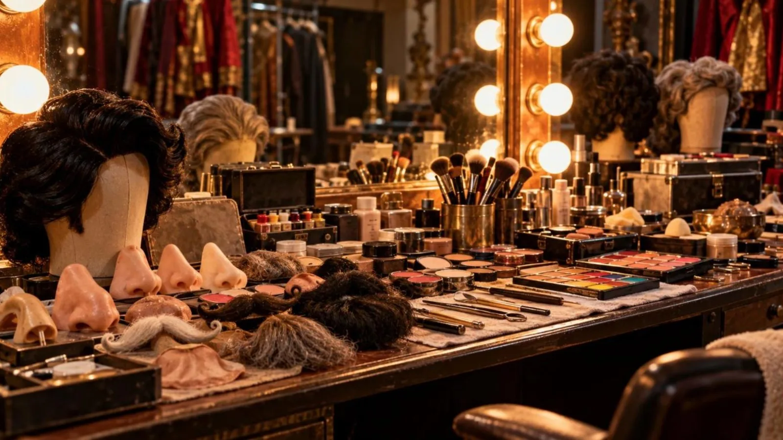 A film makeup table covered with prosthetic noses, wigs, false beards and brushes under mirror lights