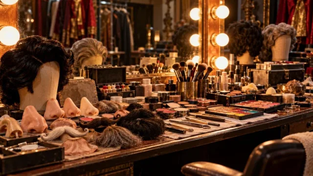 A film makeup table covered with prosthetic noses, wigs, false beards and brushes under mirror lights