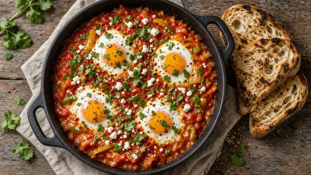 Overhead food photo of shakshuka in a cast-iron skillet with poached eggs, red tomato sauce, herbs and toasted bread