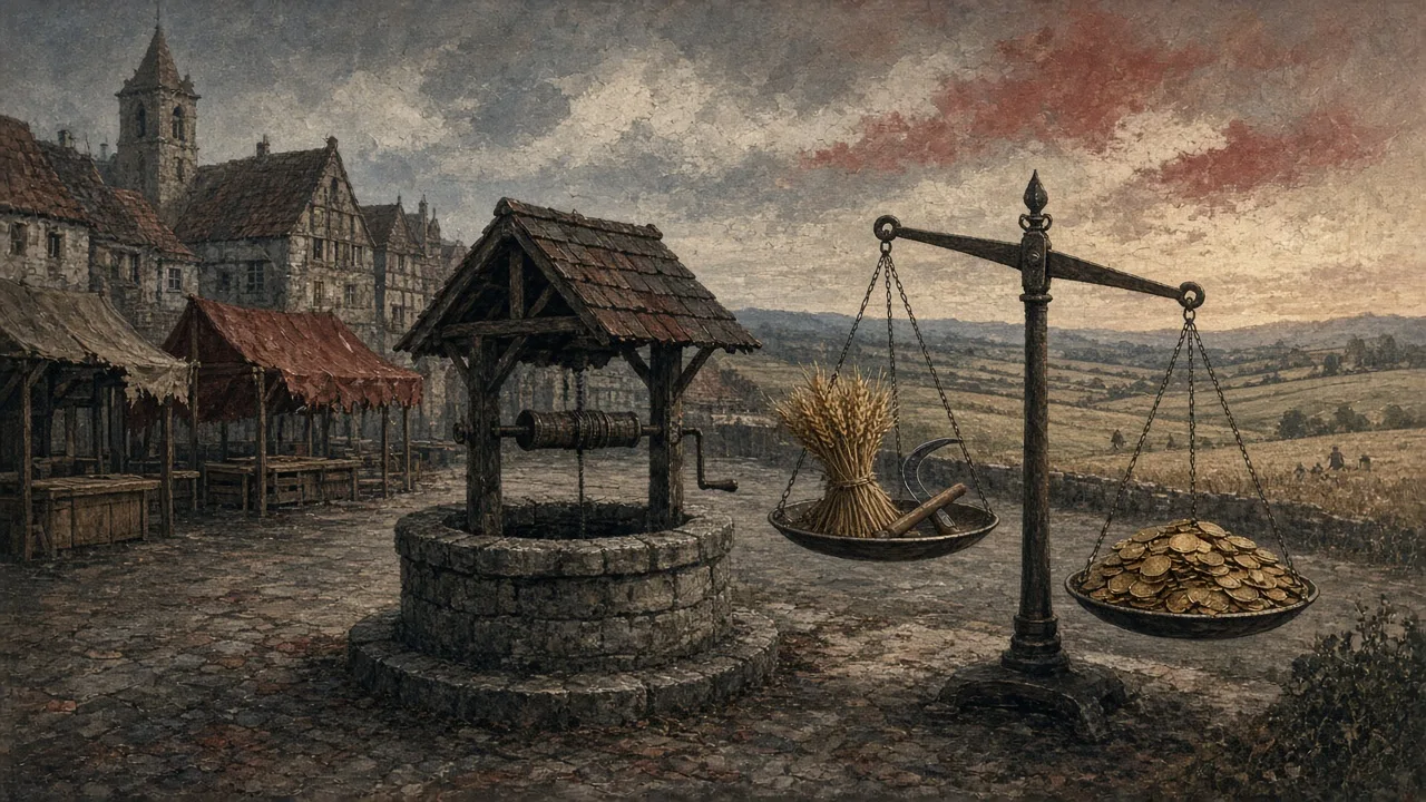 Empty medieval town square with balance scales weighing coins against farm tools, illustrating the Black Death's economic impact