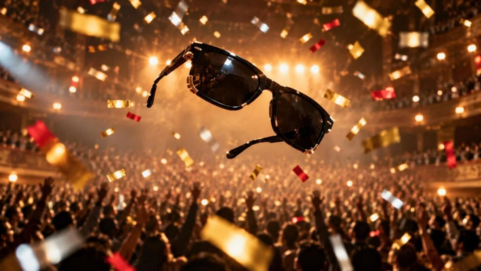 Black sunglasses spinning in mid-air in front of a cheering cinema crowd throwing confetti