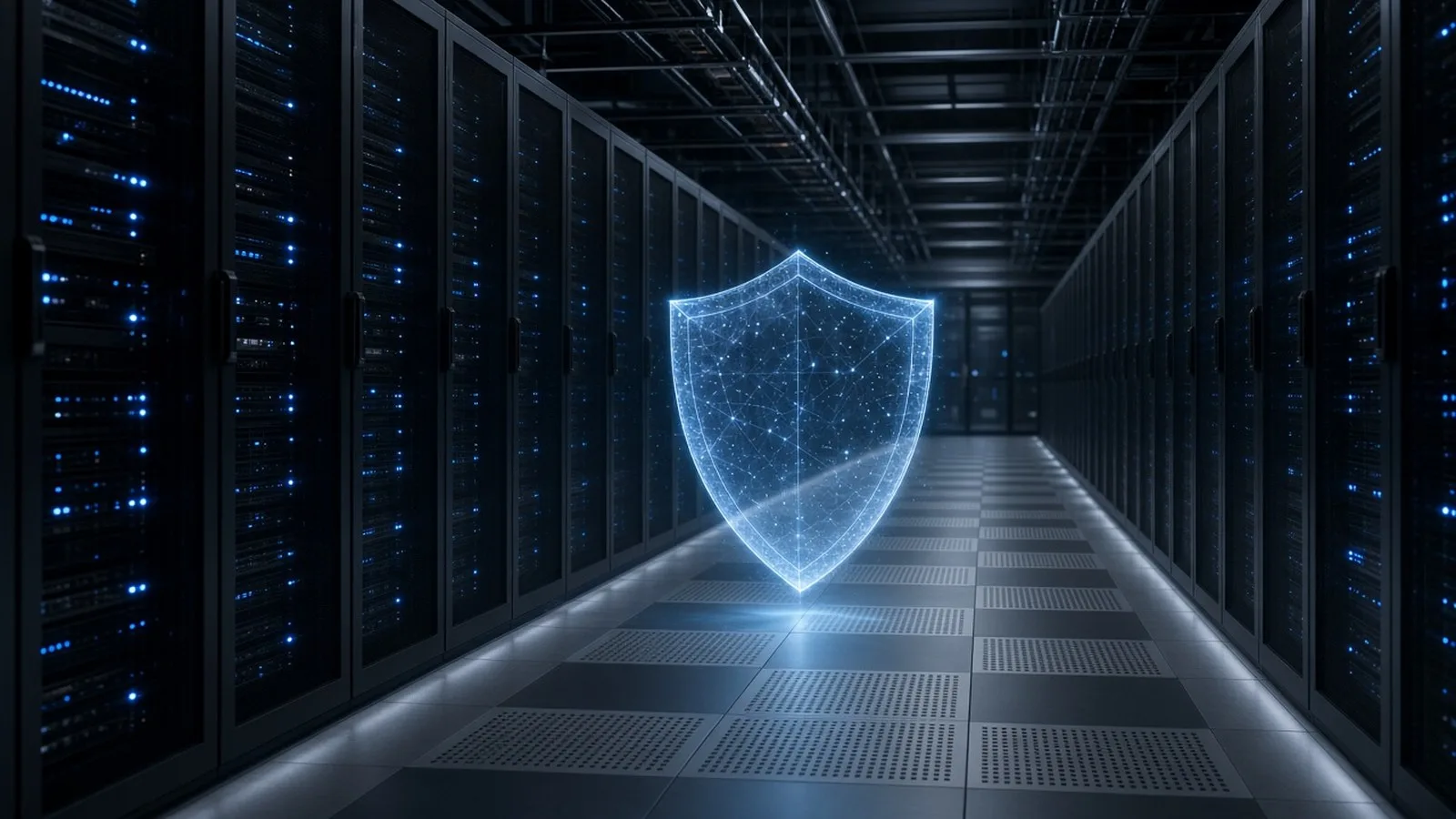A long data centre aisle lined with dark server racks and blue lights, with a glowing translucent shield floating in the middle