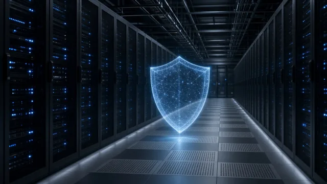 A long data centre aisle lined with dark server racks and blue lights, with a glowing translucent shield floating in the middle