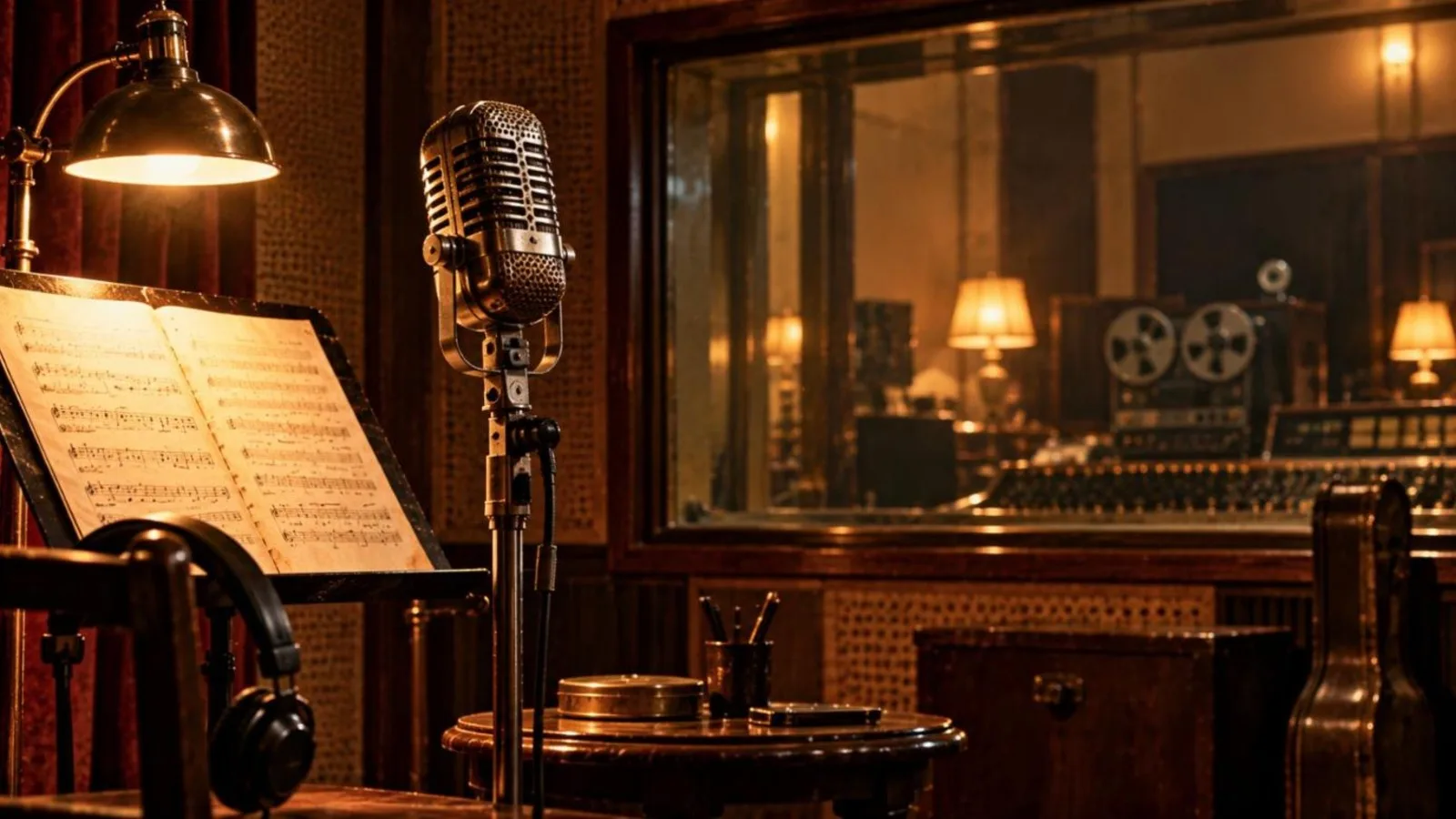 A vintage ribbon microphone in an old recording studio booth with sheet music and warm lamp light