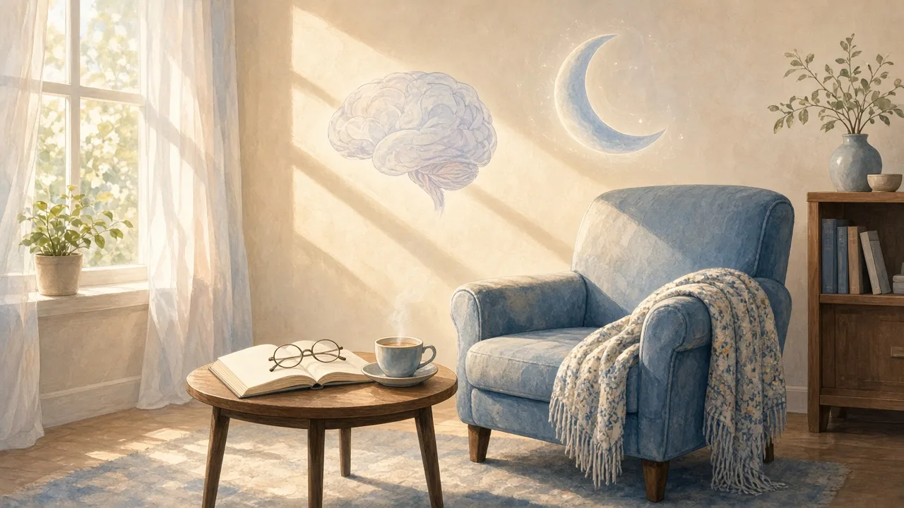 An empty armchair with reading glasses and tea in afternoon light, with a soft brain and moon motif, representing napping and brain health