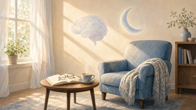 An empty armchair with reading glasses and tea in afternoon light, with a soft brain and moon motif, representing napping and brain health