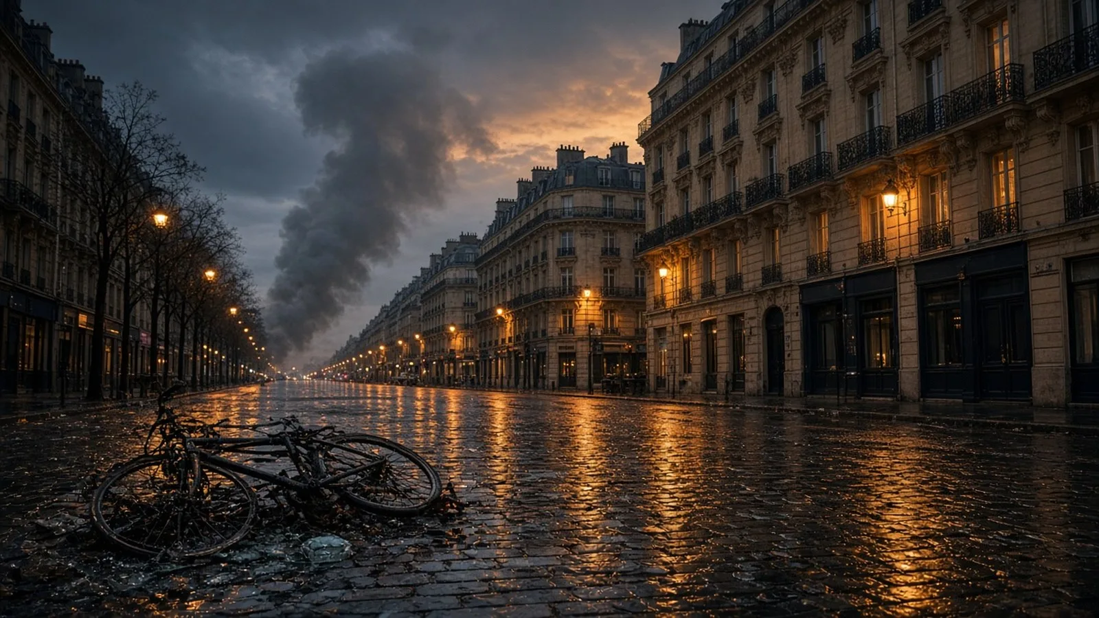 An empty Paris boulevard at dusk with a charred bicycle on wet cobblestones and smoke rising in the distance, illustrating France's October 2026 unrest