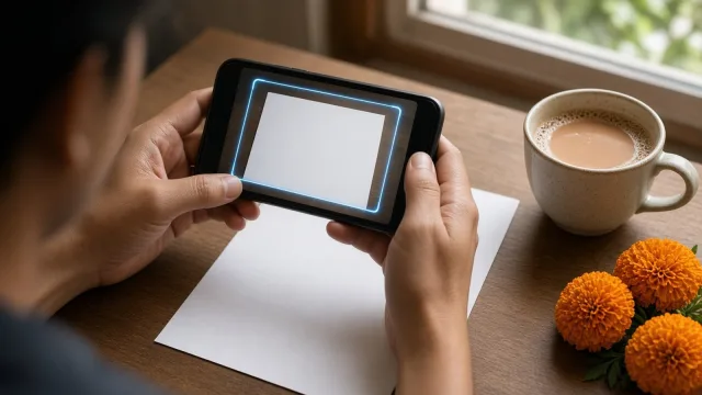 Hands holding a phone over a blank sheet of paper, the camera screen showing a blue scanning outline