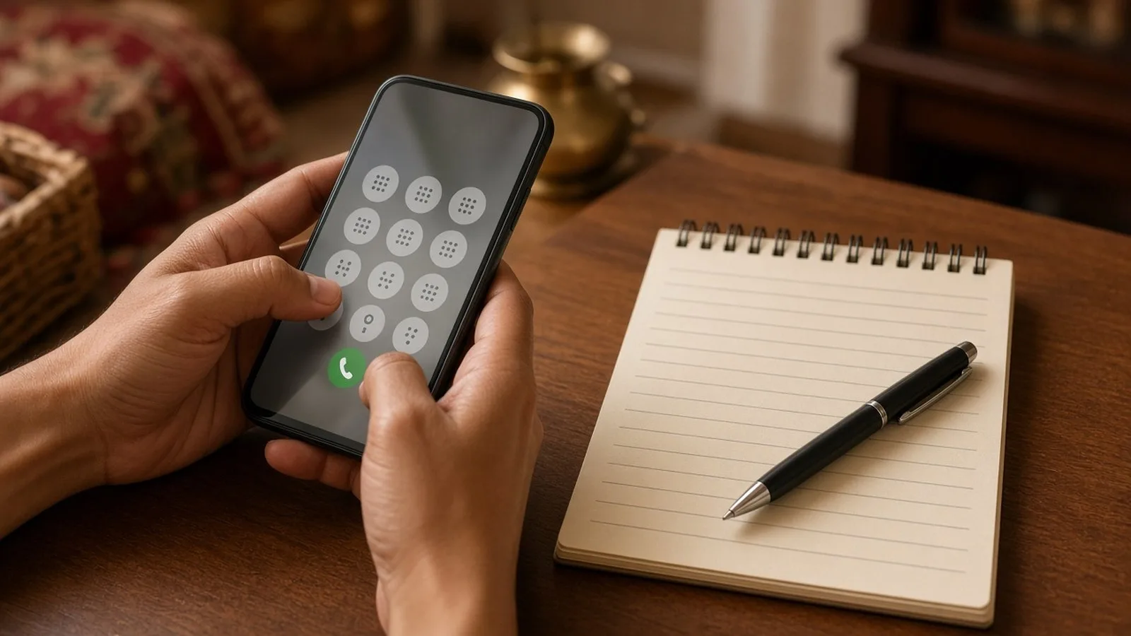 Hands dialling on a smartphone keypad next to a lined notepad and pen on a wooden desk