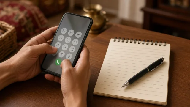 Hands dialling on a smartphone keypad next to a lined notepad and pen on a wooden desk