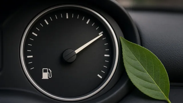 Editorial illustration of a car dashboard fuel gauge beside a green leaf on a sunny road