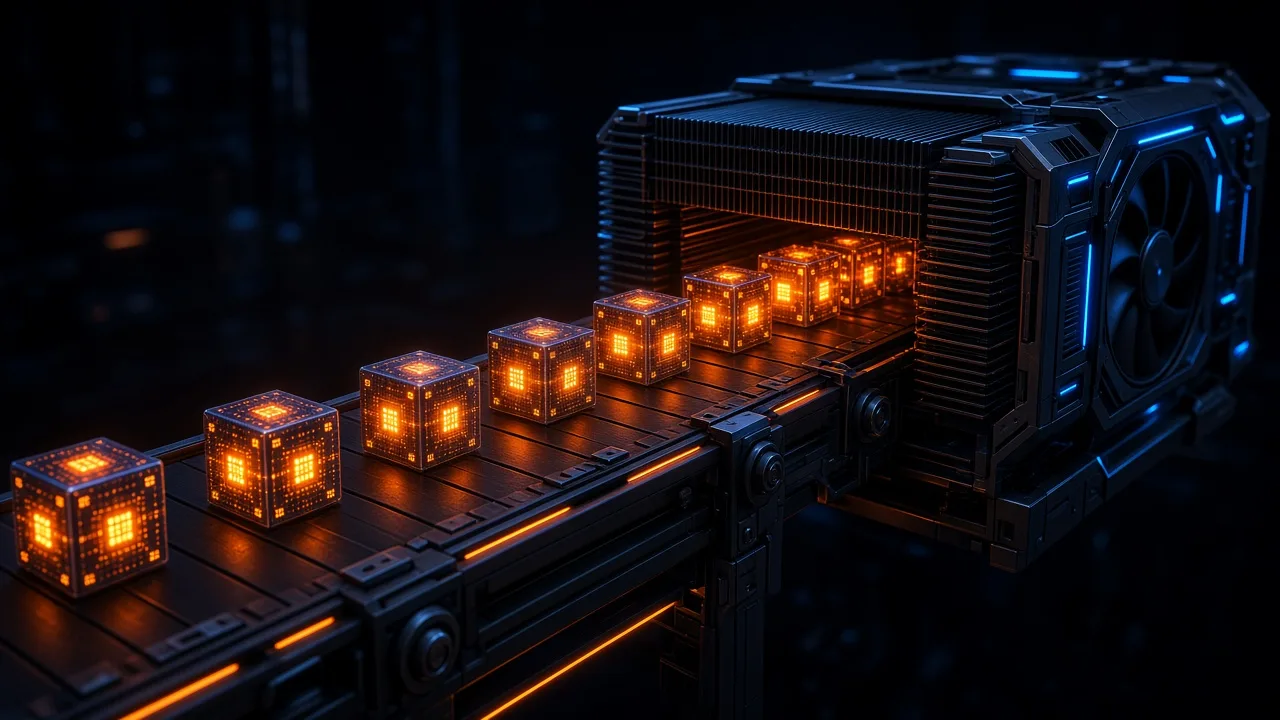 Editorial illustration of a conveyor belt feeding glowing data blocks into a graphics card