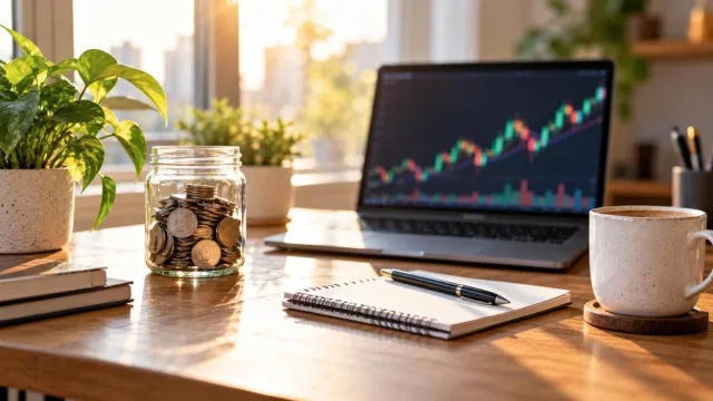 Laptop showing a stock market chart on a sunny home desk beside a jar of coins, a notebook and coffee