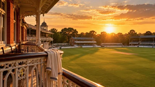 A classic cricket pavilion balcony with a white shirt draped over the railing at sunset
