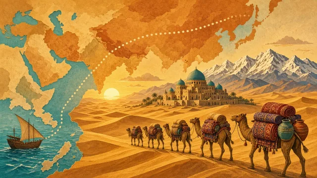Camel caravan crossing desert dunes towards a caravanserai with a stylised map of Asia, illustrating the ancient Silk Road