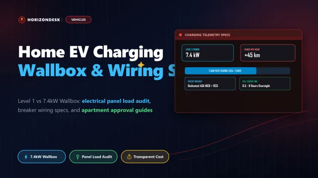 Banner for home electric vehicle charging setup showing 7.4kW wallbox specs, panel load balancing, and wiring installation