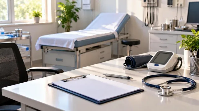 Calm health checkup clinic room with an exam bed, stethoscope and BP monitor