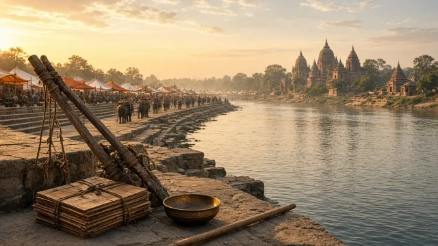 An ancient sandstone ghat on the Ganges at golden hour, with a pilgrim's carrying frame, palm-leaf manuscripts, a bronze bowl and staff on the steps, and a vast canopied assembly camp along the bank