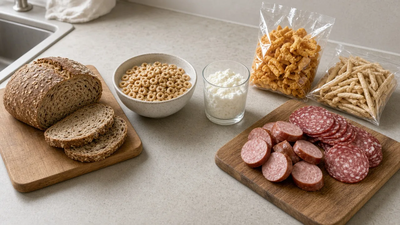 Wholegrain bread and cereal beside processed meats and snacks on a kitchen counter, illustrating a study on ultra-processed food and colorectal cancer