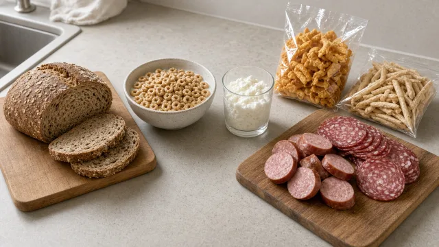 Wholegrain bread and cereal beside processed meats and snacks on a kitchen counter, illustrating a study on ultra-processed food and colorectal cancer