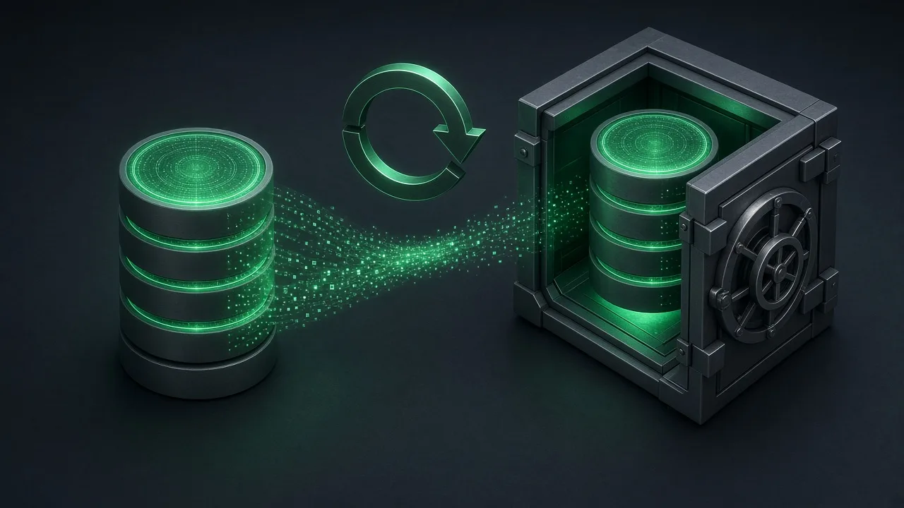 Editorial illustration of database cylinders being copied into a sturdy vault with a circular arrow