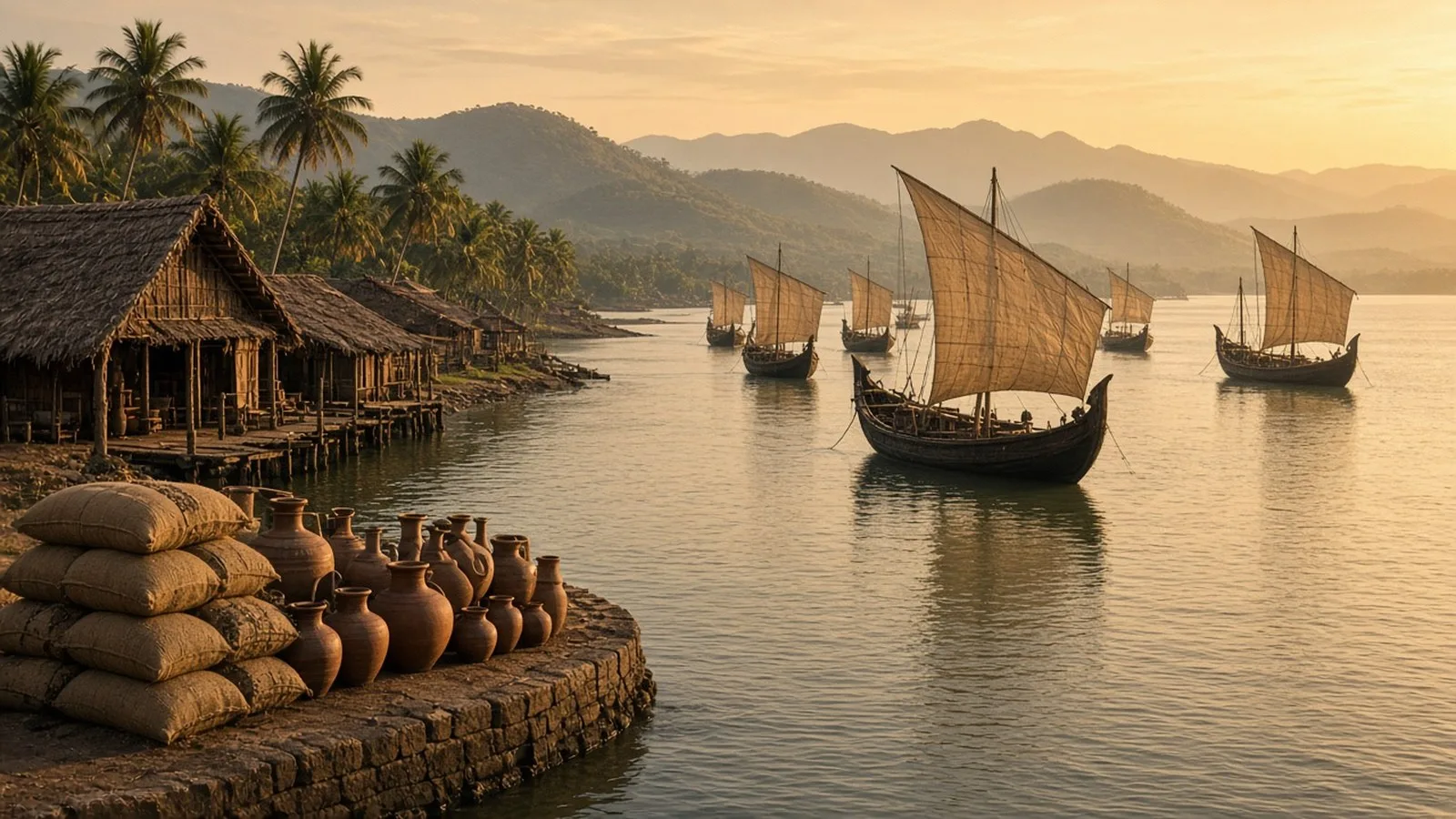 An ancient Tamil Sangam-age seaport at golden hour, with wooden sailing ships with square sails in a calm river mouth, thatched warehouses on a wooden wharf at left, coconut palms, and sacks and clay