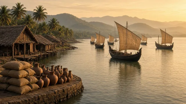An ancient Tamil Sangam-age seaport at golden hour, with wooden sailing ships with square sails in a calm river mouth, thatched warehouses on a wooden wharf at left, coconut palms, and sacks and clay