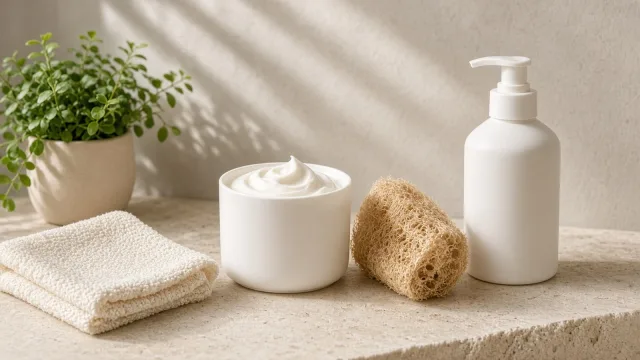 A tub of body cream, a folded washcloth, a loofah and a pump bottle on a stone bathroom ledge beside a plant