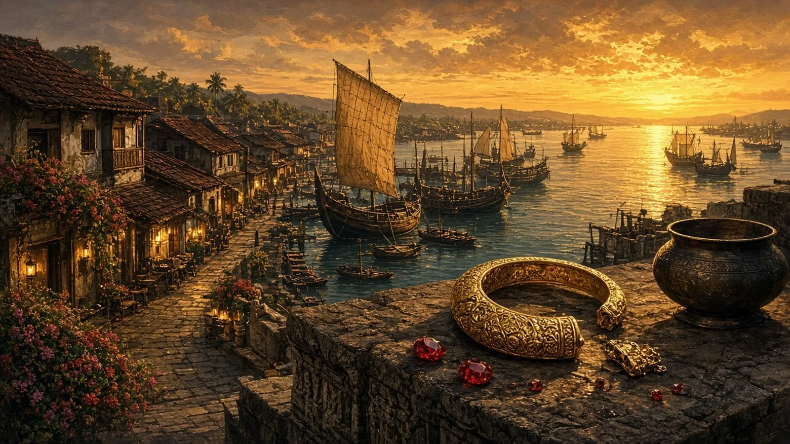An imagined ancient Puhar port at golden dusk, with sailing ships and lamplit tiled-roof houses, and a gold anklet, scattered red gems and a metal bowl on a stone ledge in the foreground