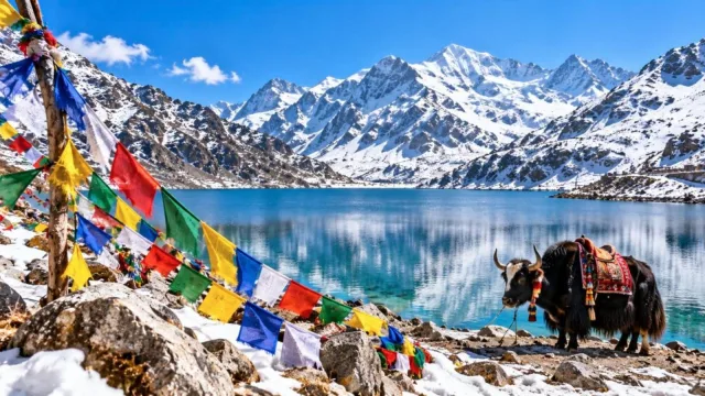 Snow-covered peaks above Tsomgo Lake in Sikkim with prayer flags in the foreground