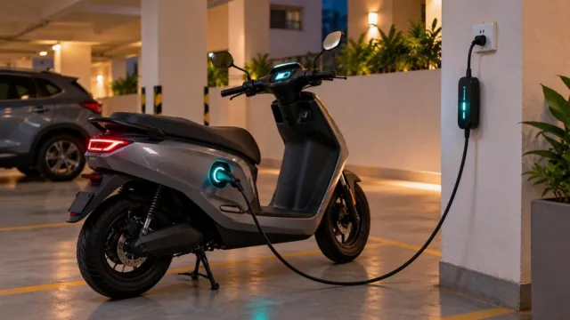 An electric scooter charging in an apartment parking area with a glowing charger