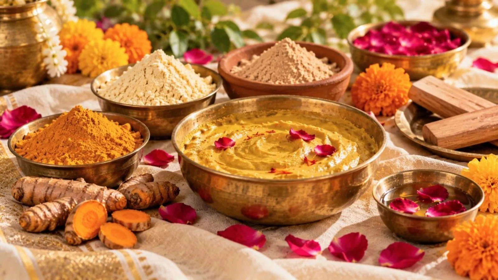 Bowls of turmeric, gram flour, sandalwood powder and rose petals arranged for a traditional ubtan paste
