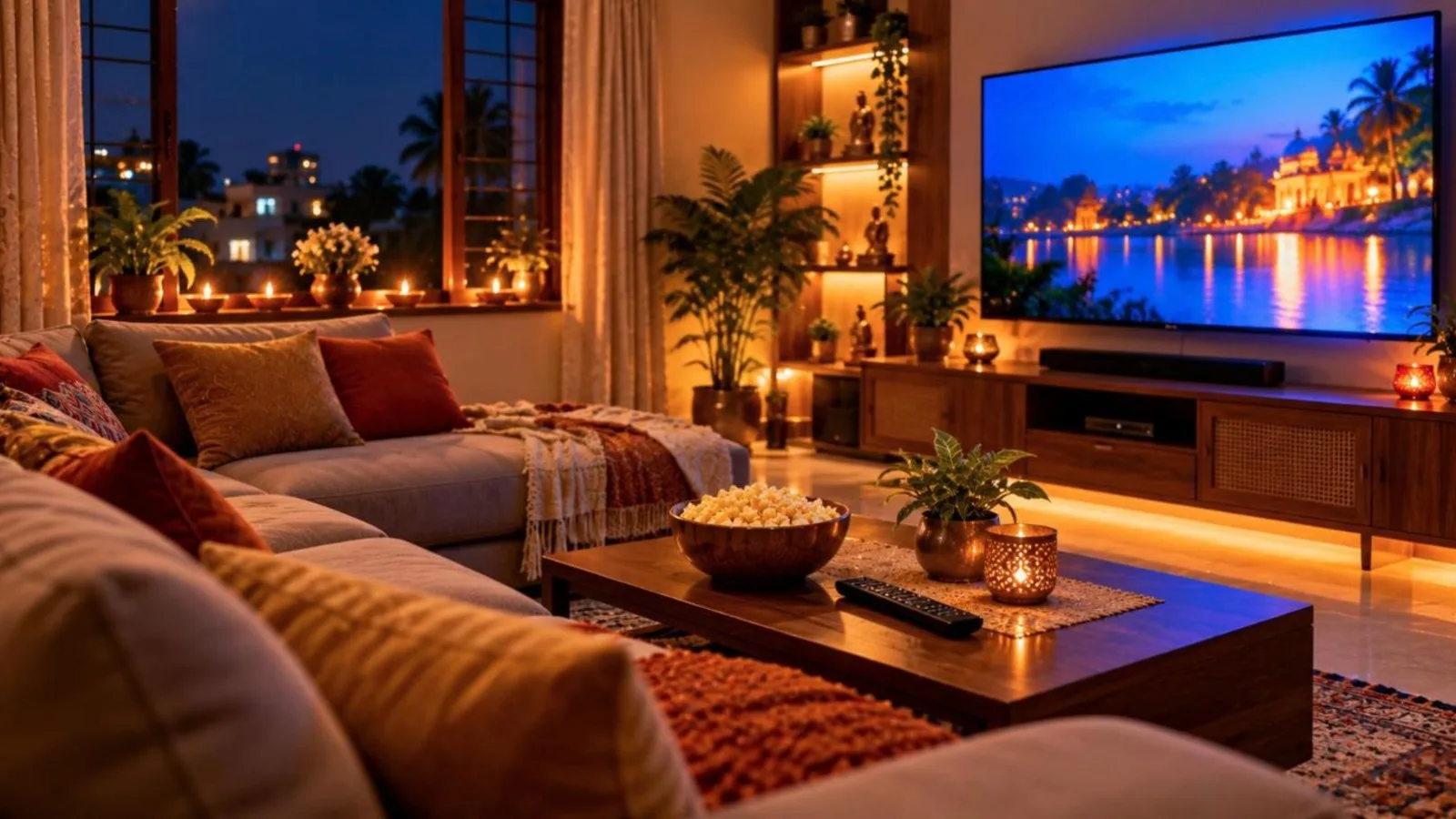 A cosy living room at night with a glowing TV, a bowl of popcorn on the sofa and diya lamps