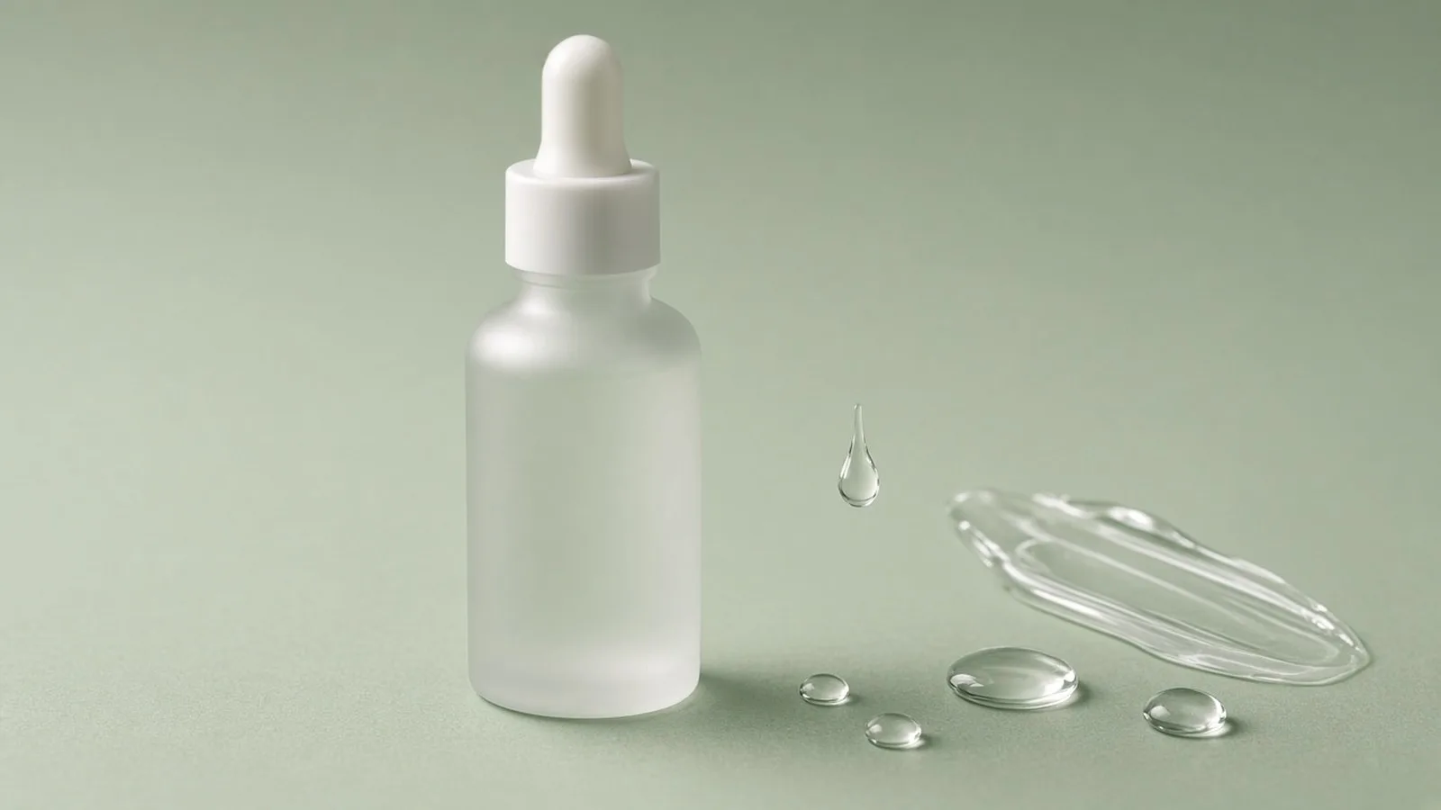 A plain frosted serum bottle with dropper beside clear serum droplets and a gel swatch on a pale green surface