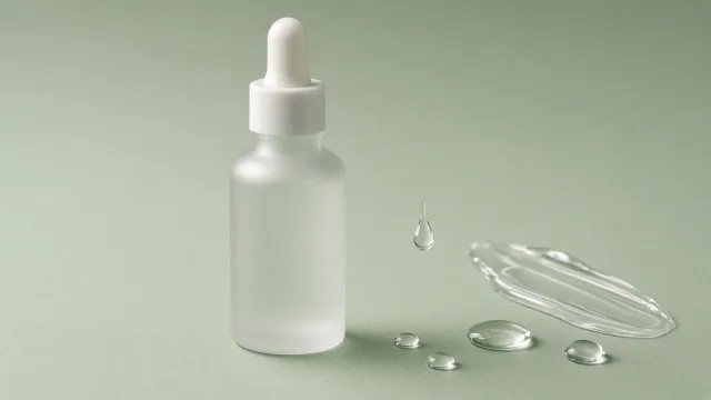 A plain frosted serum bottle with dropper beside clear serum droplets and a gel swatch on a pale green surface
