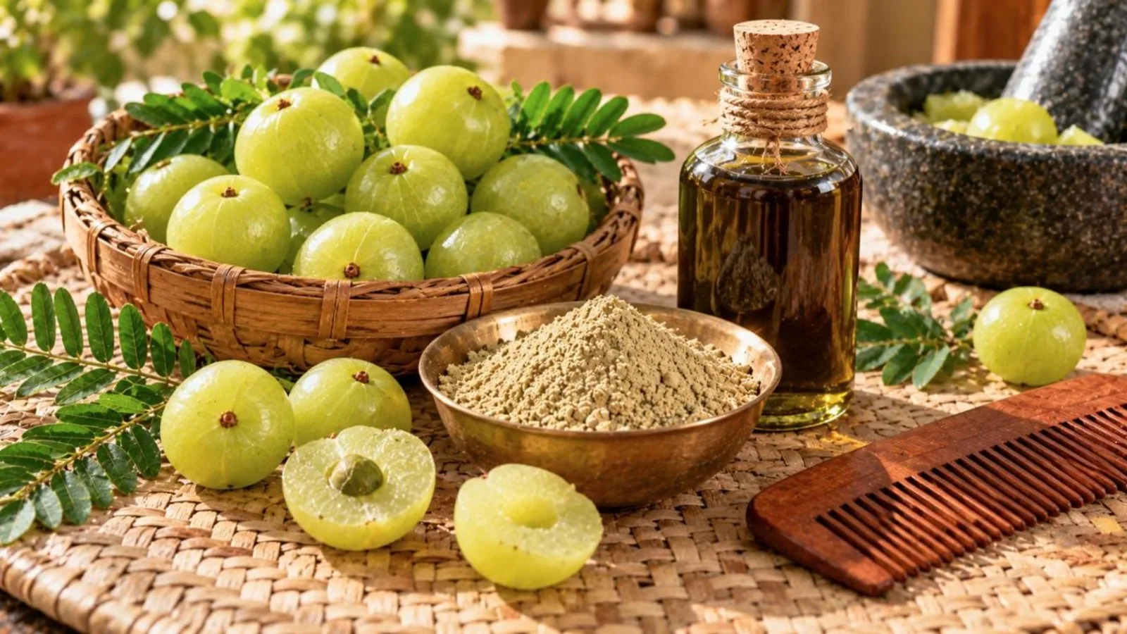 Fresh green amla fruits, amla powder and a glass bottle of amla hair oil on a woven mat