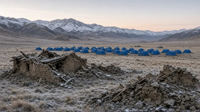 Collapsed stone houses on frosty grassland in front of rows of blue relief tents and snow-dusted mountains on the Tibetan plateau at dawn