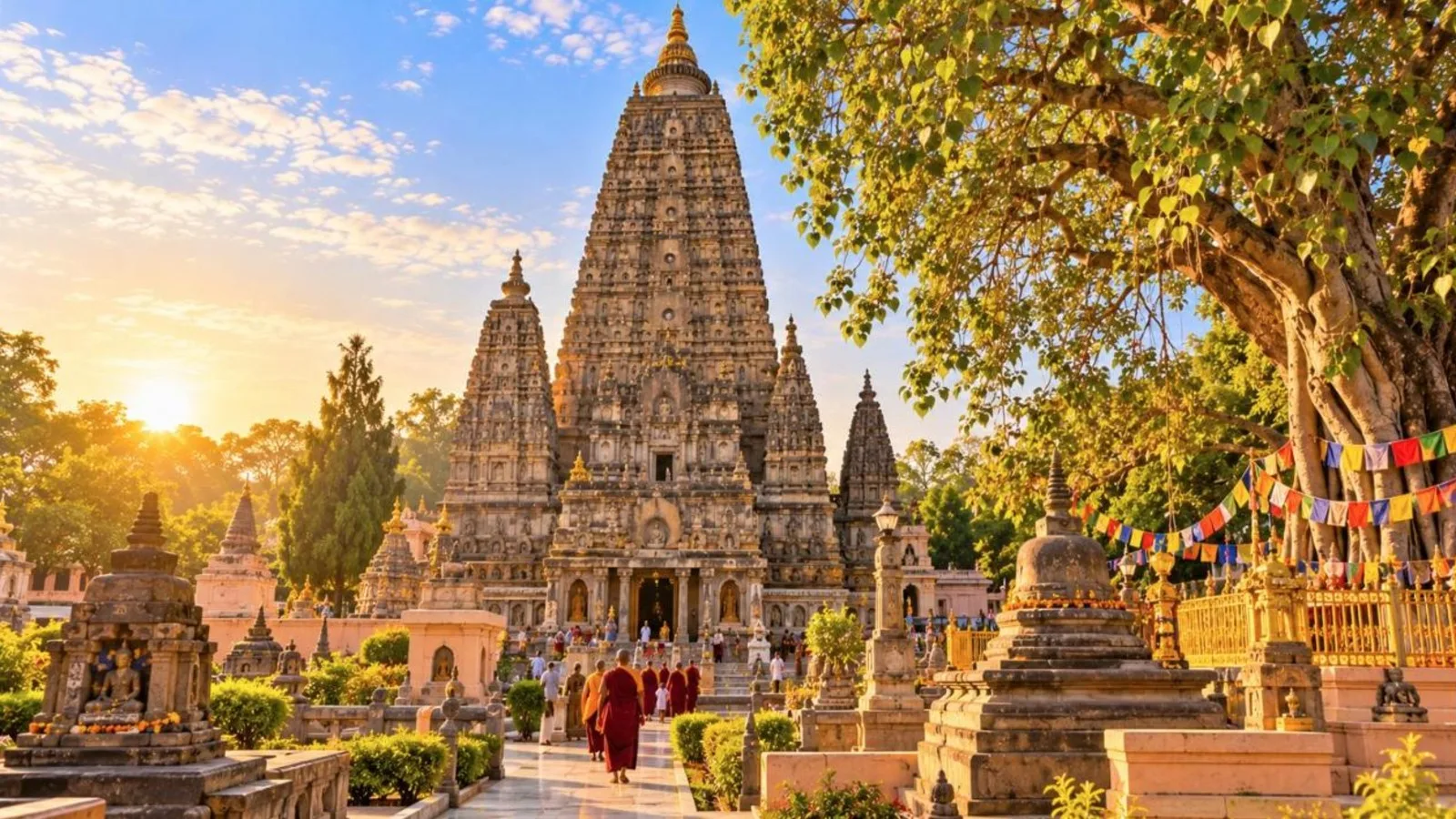 The tall pyramidal Mahabodhi Temple in Bodh Gaya with monks and prayer flags