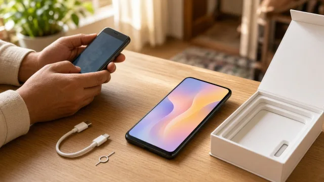 Hands holding an old phone beside a new Android smartphone, its open box, a USB-C cable and a SIM ejector pin on a wooden table
