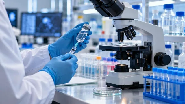 A gloved scientist holding a vial and syringe beside a microscope in a bright lab