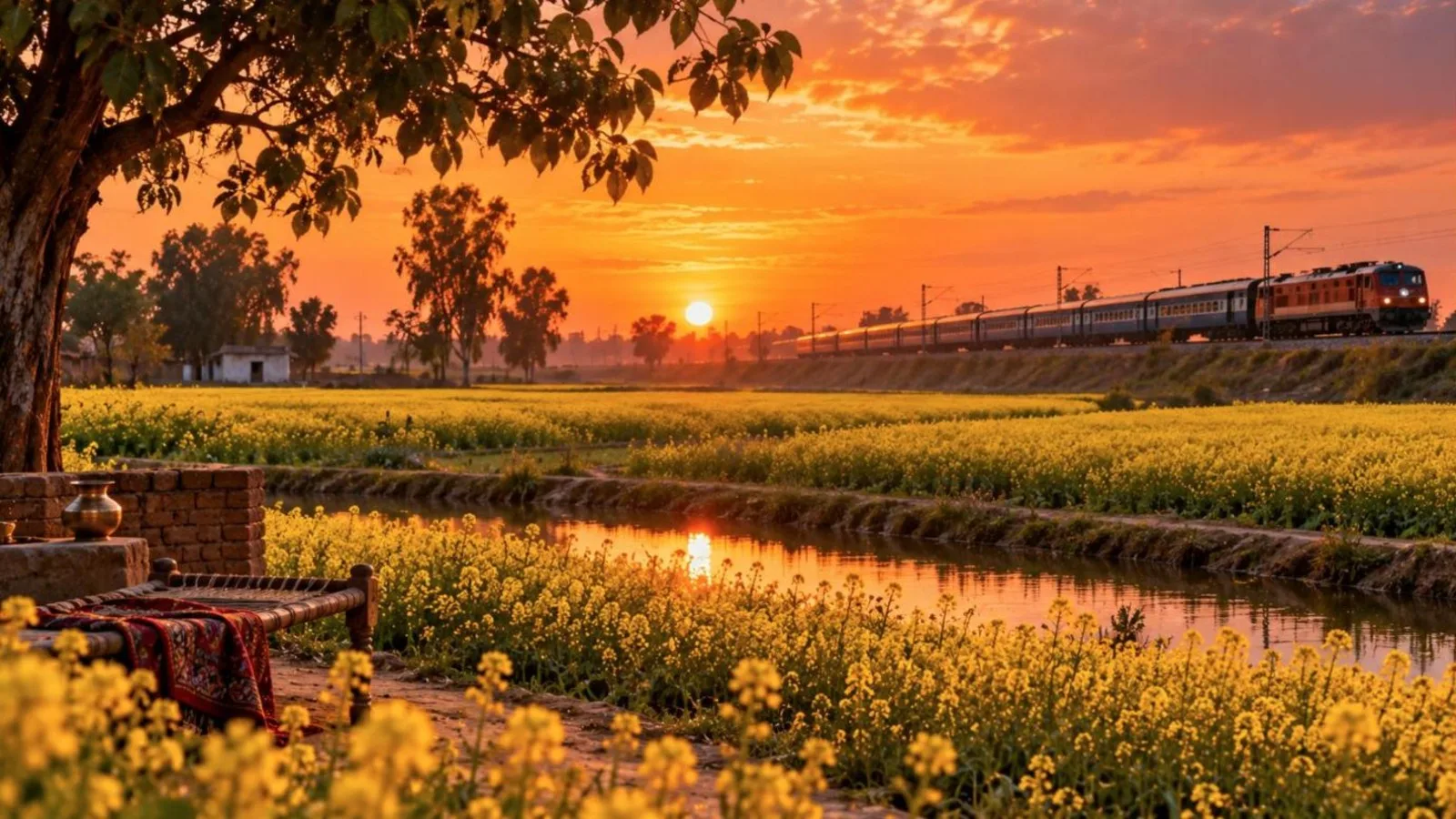 Golden mustard fields in Punjab at sunset with a train passing in the distance