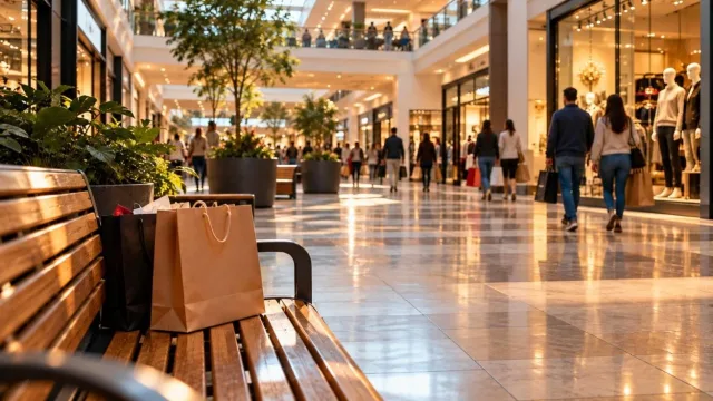 Busy suburban shopping mall interior with shoppers walking past stores in warm light