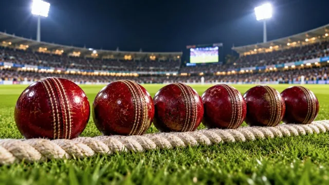 Six cricket balls lined up on a stadium boundary rope under night floodlights