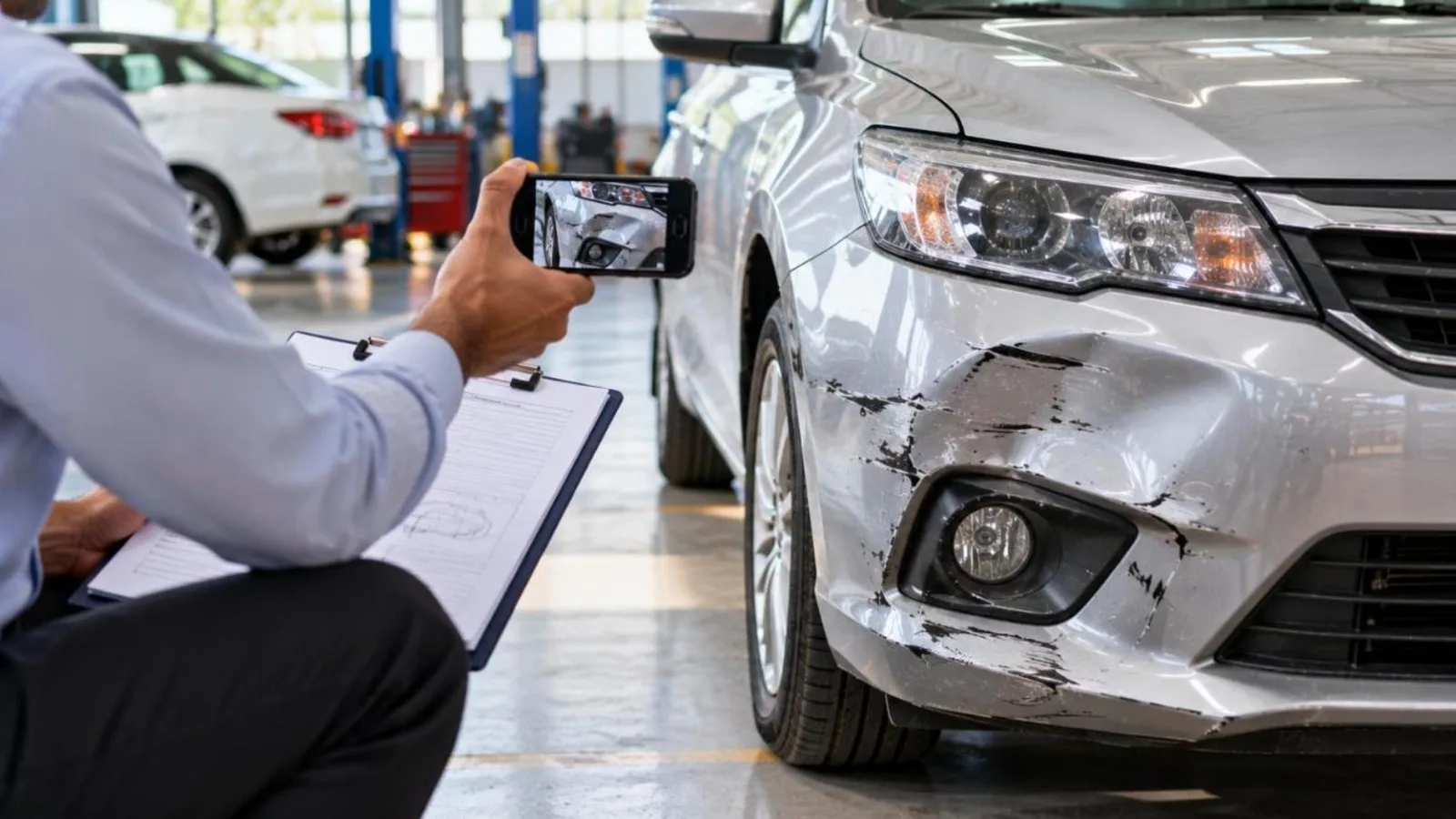 A surveyor photographing a dented car bumper at a bright service workshop