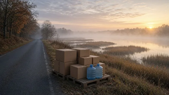 Unmarked aid boxes and water containers stacked on pallets beside a misty river road at dawn