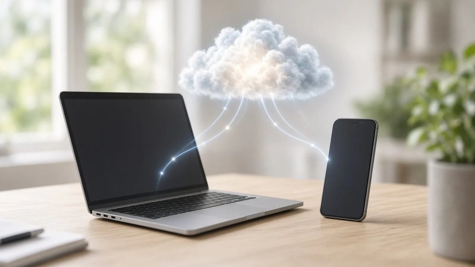 Laptop and phone on a desk with a glowing cloud above them connected by lines of light