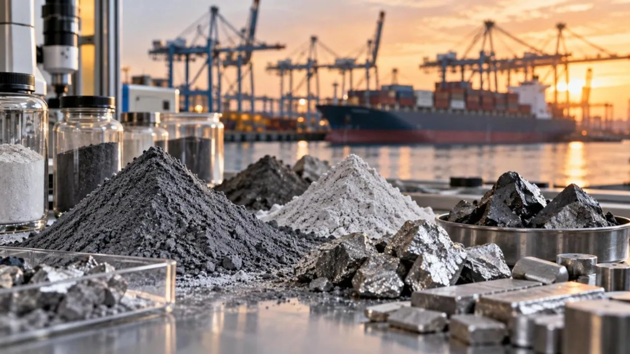 Piles of grey and silver rare earth mineral powders in a laboratory with a port in the background